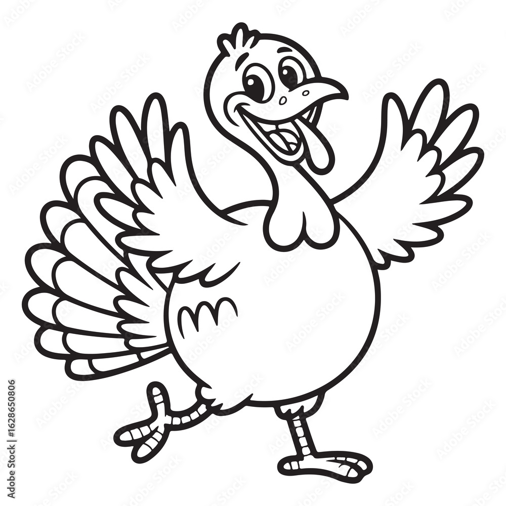 Fototapeta premium Simple Happy Thanksgiving Turkey Cartoon Standing Proudly - Easy Line Art for Kids Coloring Projects