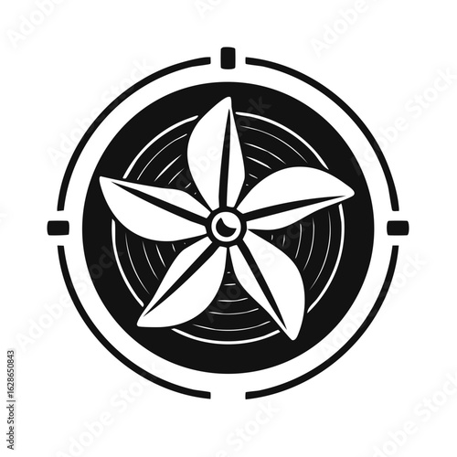 Stylized five-petal propeller fan icon in a circle with horizontal bar details