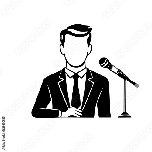 Professional speaker in suit with microphone giving a presentation or public address