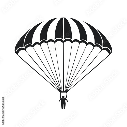 Simple black and white vector illustration of a person parachuting with a striped parachute
