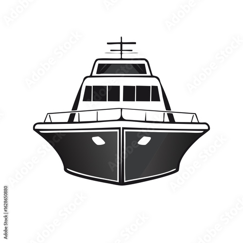 Front view of a luxury yacht or motorboat in black and white graphic style for marine adventure projects