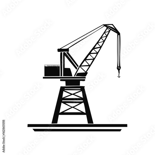Black and white silhouette illustration of a harbor crane for loading and unloading