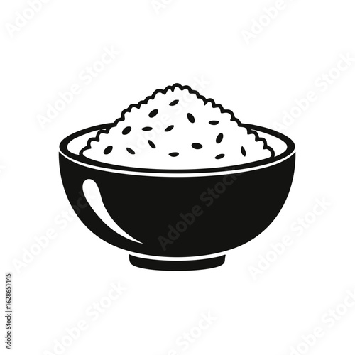 Black and white illustration of a bowl with a pile of rice in a simple style