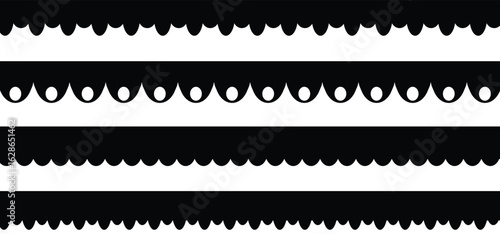 Scalloped edge seamless set. border and dividers. Simple scalloped border. Repeat cute vintage frill ornament, Texture ribbons, Vector illustration isolated on white background.