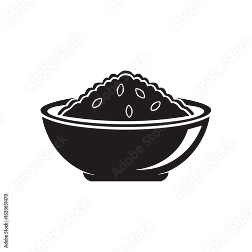 Black and White Illustration of a Bowl Filled with Rice or Grain, Isolated on White