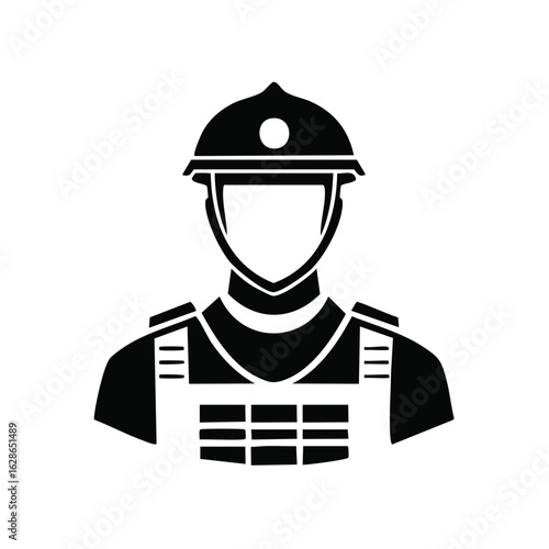 Military police soldier security officer icon wearing helmet and bulletproof vest