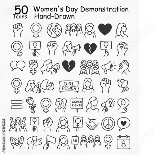 50 Hand-Drawn Women's Day, Feminist  Human Rights Demonstration Icons Set
