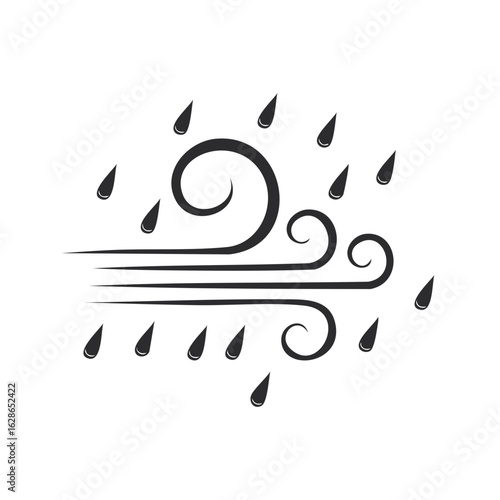 Wind and rain graphic elements. Silhouette illustration of windy weather with falling raindrops. Icon of gusting winds and precipitation.