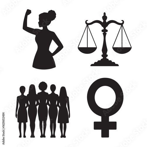 Vector art of feminist symbols of empowerment, equality, and justice, including a strong woman, scales of justice, a group of women, and the female symbol, isolated on white background