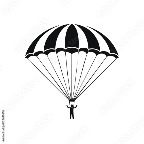 Parachutist descending under a black and white parachute against a white background