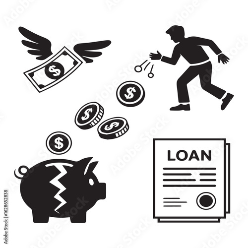 Vector art of financial concept with flying money, coins falling into a broken piggy bank, and a loan document, symbolizing debt and savings