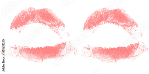 lipstick kiss impression, coral red lip mark with realistic texture isolated for beauty visuals romantic artworks and cosmetic print overlays

