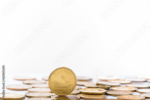 Single Canadian Dollar Coin Standing In Focus on Top of A Pile of Out of Focus Coins. The Canadian Loonie, Tariffs and Trade Deal.