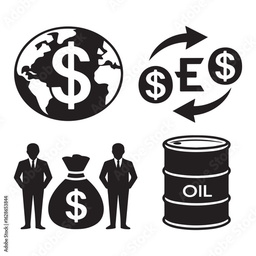 Vector art of global finance and oil industry concept with money, earth, businessmen, and oil barrel isolated on white background