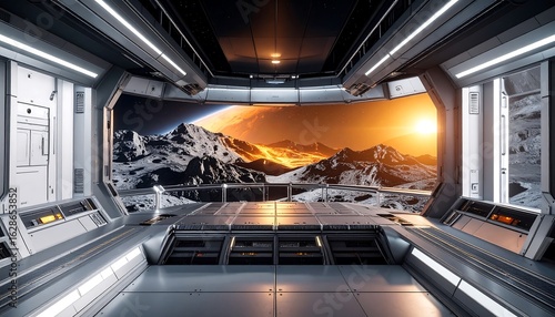 Fototapeta Naklejka Na Ścianę i Meble -  Viewing Planetary Landscape From Spaceship Interior