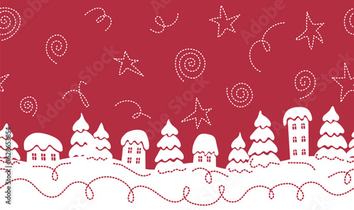 Christmas Seamless Border. Winter Village in Modern Style. Winter Holiday Celebration. Trendy Christmas Design. Holiday Greeting Card, Banner, Invitation Template. Vector Illustration in Red, White