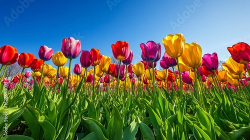 Vibrant multicolored tulips in a field under a bright blue sky.