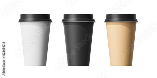 Three medium-sized paper cups with a black lid with coffee on a white background. Mock up. 3d rendering