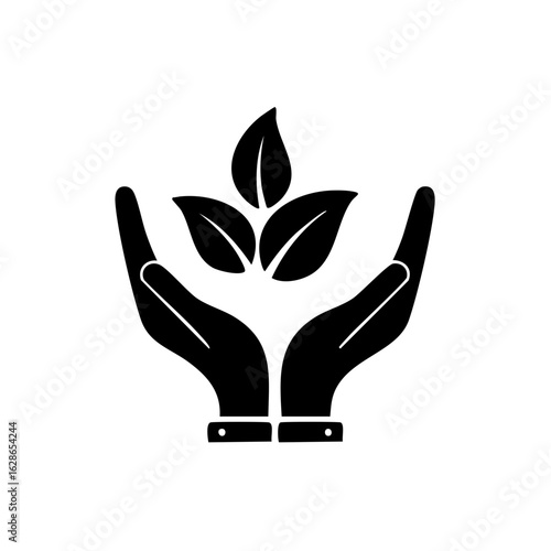 Stylized vector illustration of two hands holding and protecting growing leaves