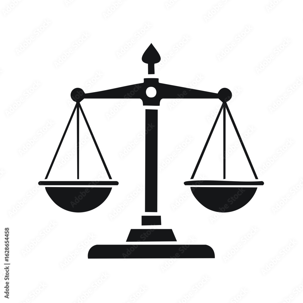 Black silhouette of balance scales representing justice and equality on a white background Black silhouette of balance scales representing justice and equality on a white background