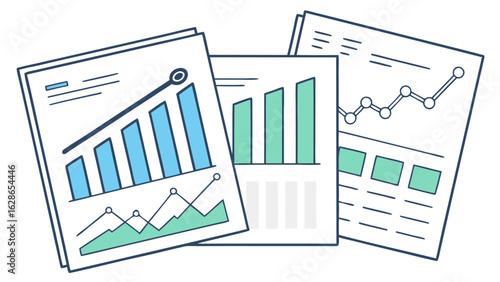 Illustration of three documents displaying various types of charts and graphs indicating financial growth and data analysis
