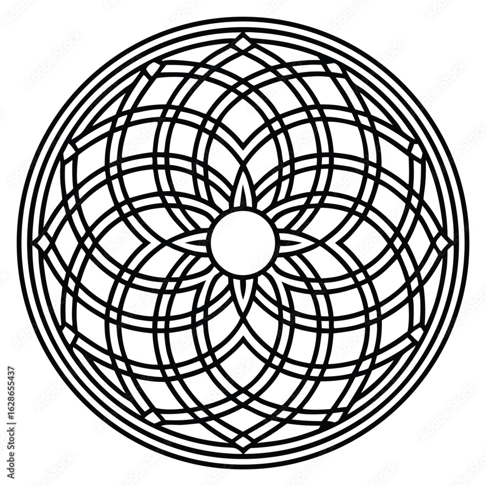 Obraz premium Circular Geometric Pattern of Intersecting Arcs, Lines, and Curves on a White Background, Creating a Detailed and Abstract Ornamental Design. 