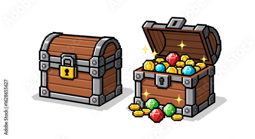 Two treasure chests, one closed and the other open filled with gold and jewels.
