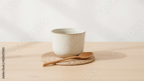 Speckled ceramic cup on woven mat with wooden spoon on light surface pottery handcrafted