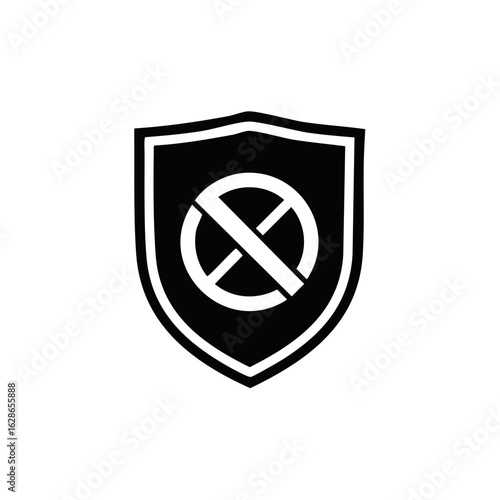 Black and white prohibition symbol inside a shield.