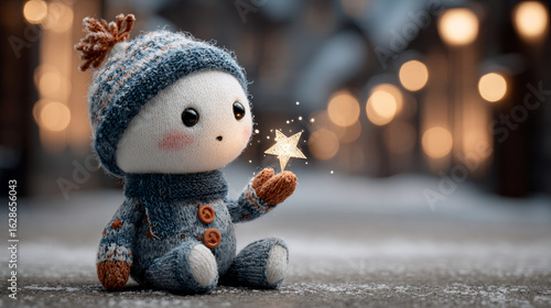 Cute snowman toy holding glowing star on snowy background with bokeh lights. Christmas decoration, winter holiday symbol. Festive ornament for greeting card