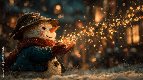 Magical snowman holding glowing lights on snowy winter night. Christmas fairy tale scene with sparkling bokeh. Holiday greeting card concept for festive season