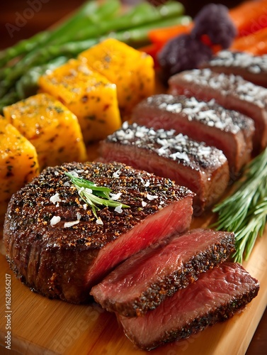 a delectable dish is presented on a wooden board, featuring a perfectly cooked, sliced piece of steak. the steak has a seasoned crust and a tender, red center