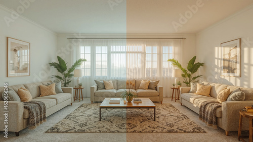 Split image showing a living room with cool lighting on the left and warm sunlight on the right
