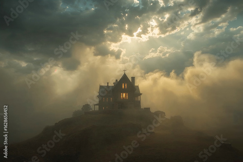 Spooky Victorian Mansion on a Hilltop Bathed in Eerie Sunlight and Fog haunted house