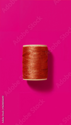 Spool Of Copper Thread On Bright Pink Background With Shadow sewing craft