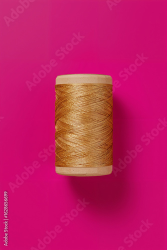 Spool of Gold Metallic Thread on Vibrant Pink Background Keywords: spool of thread, gold thread, metallic thread, sewing thread, embroidery thread