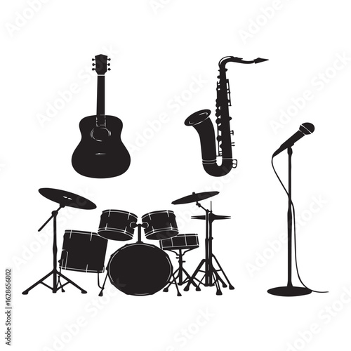 Vector art of set of musical instruments including guitar, drum kit, saxophone, and microphone isolated on white background