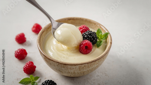 Spoonful of creamy dessert with fresh berries and mint leaves yellow custard