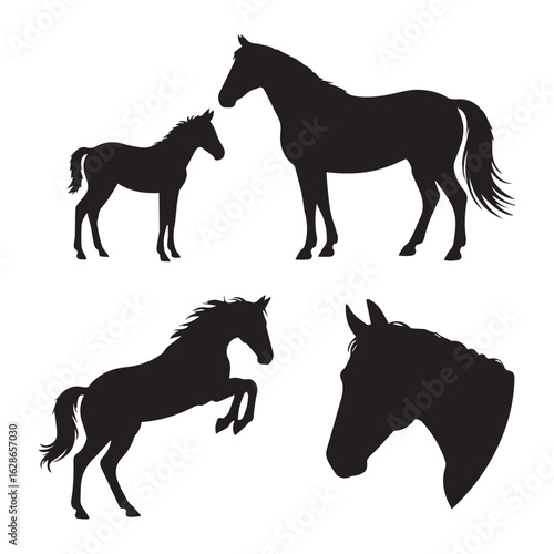 Vector art of silhouette collection of horses in various poses, including a mare with a foal, a jumping horse, and a horse head, isolated on white background