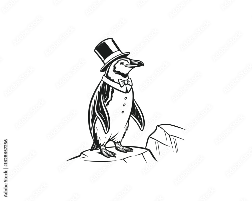 Obraz premium A black and white illustration of a penguin dressed in a top hat, bow tie, and formal suit standing on an iceberg