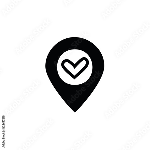 Location pin icon with heart symbol for favorite place, romantic spot, or charity location