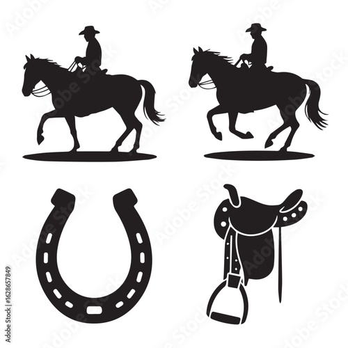 Vector art of silhouette of a cowboy riding a horse, a horseshoe, and a saddle, isolated on white background
