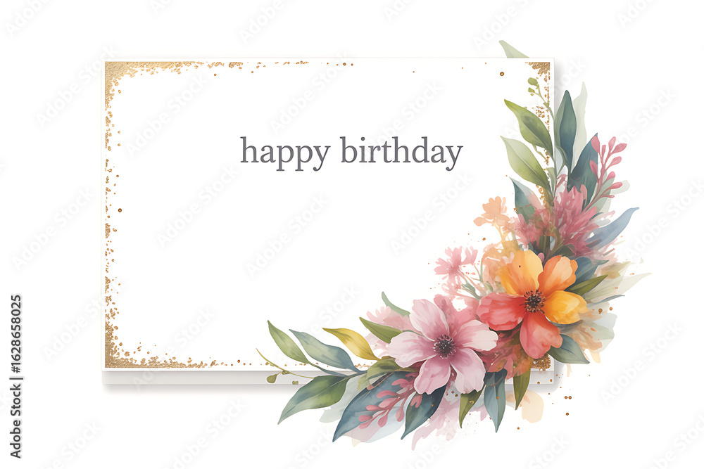 Fototapeta premium Delicate Floral Watercolor Happy Birthday Card Design with Gold Accents and Pastel Flowers Arrangement Perfect for Invitations