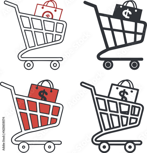 Four stylized shopping cart icons with shopping bags featuring dollar and cent symbols in red and black outlines