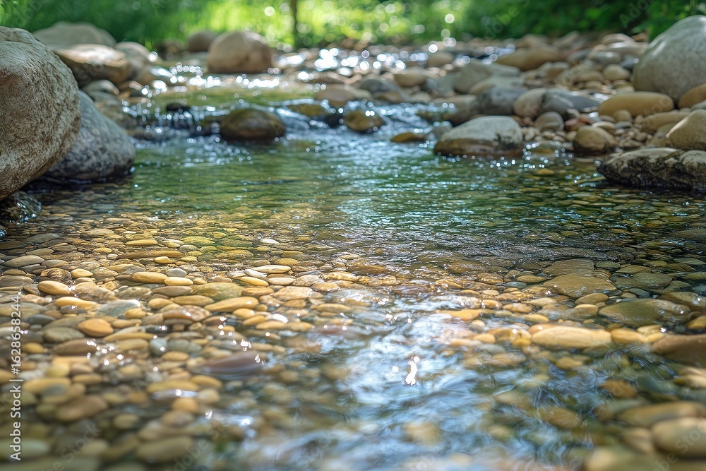 Fototapeta premium Crystal clear shallow stream flowing over smooth pebbles in natural daylight. Tranquil and refreshing nature scenery with sunlight reflections and a soft bokeh effect in the background, ideal for eco