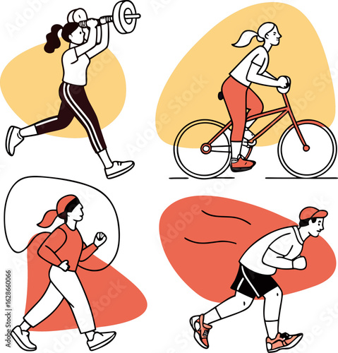 Active individuals engaging in diverse fitness activities including weightlifting cycling and running promoting a healthy lifestyle and physical well being through exercise