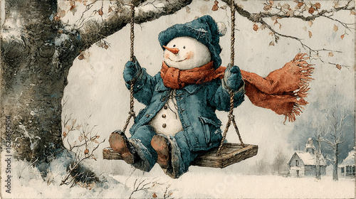 Cheerful snowman on winter swing in snowy scene. Nostalgic Christmas illustration for greeting card. Whimsical holiday artwork with cozy character and festive mood