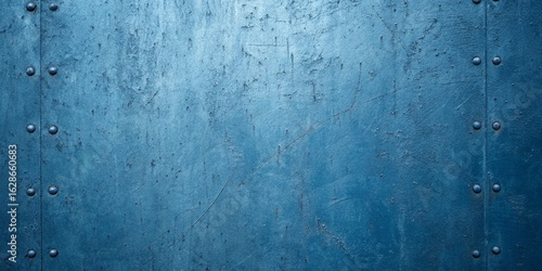 Close up of a blue painted metal sheet with rivets, creating a textured and industrial background with a vintage and aged feel