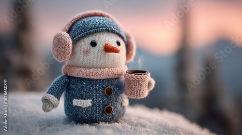 Adorable knitted snowman toy with blue sweater and earmuffs holding hot cocoa mug on snowy surface at sunset. Cozy Christmas decoration, winter holiday concept for greeting card