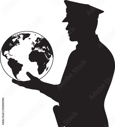 Silhouette of a Police Officer Holding a Globe Symbolizing Global Security and Law Enforcement Efforts